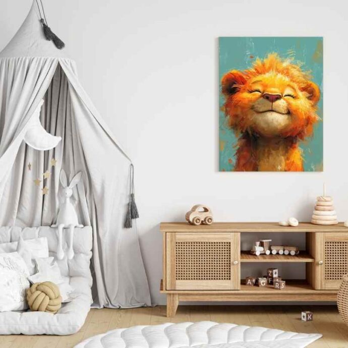 Tableau Décoratif Petit Lion Souriant – Douceur et Joie pour Chambre d’Enfant